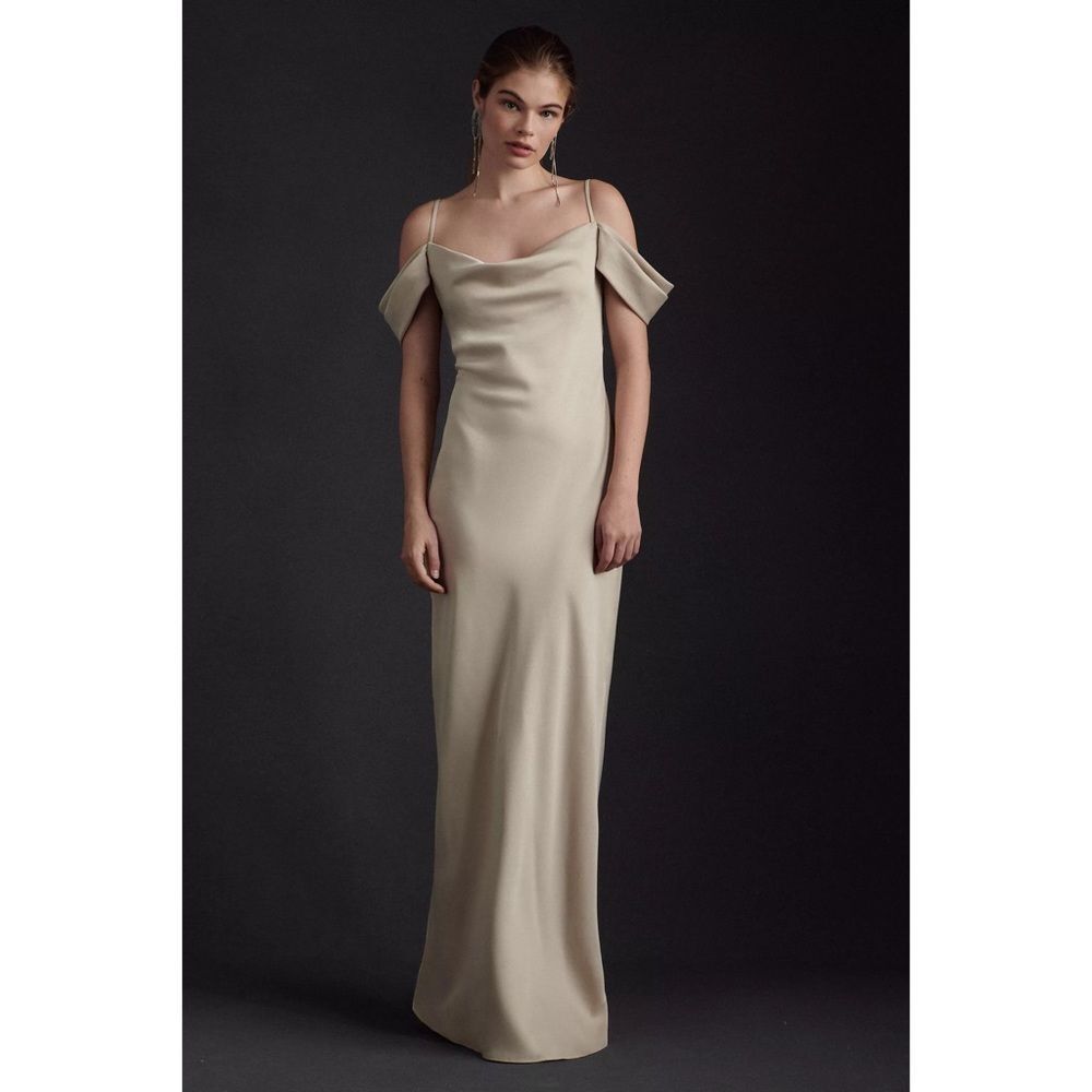 Anthropologie x BHLDN Ira Satin Charmeuse Draped Maxi Dress Champagne Sz 10
